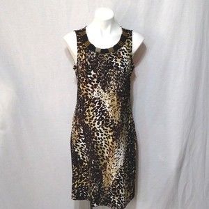 Leopard Print Beaded Sleeveless Shift Dress M Statement Fashionable Chic Medium
